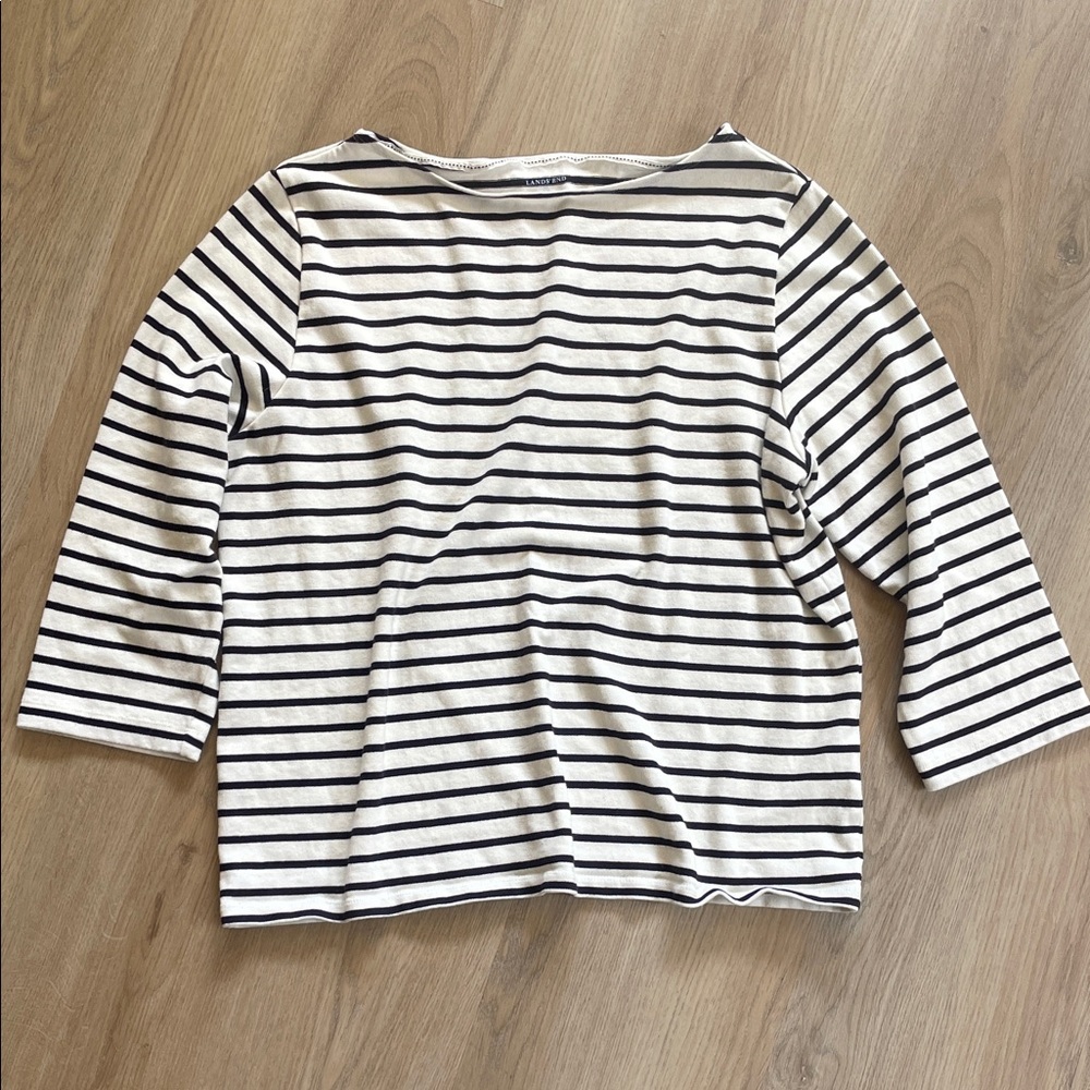 Lands' End Women's Black and Cream Striped Long Sleeve Top 100% Cotton Size XL